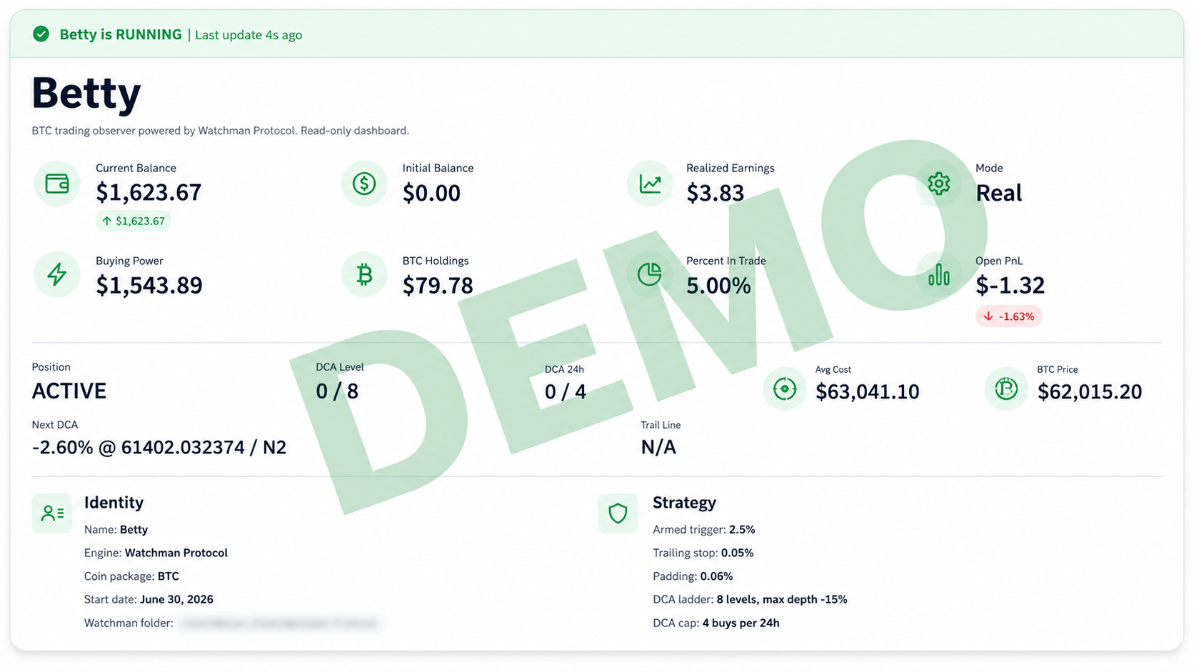 Betty observer dashboard showing live trading status and account state.