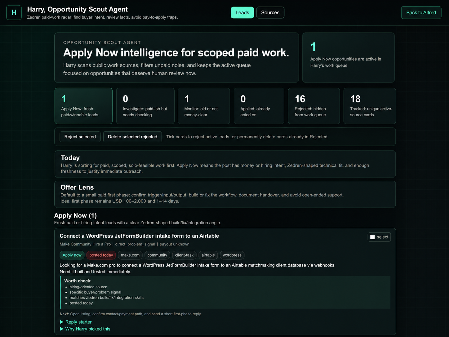 Harry Opportunity Scout showing live lead discovery and review workflow.