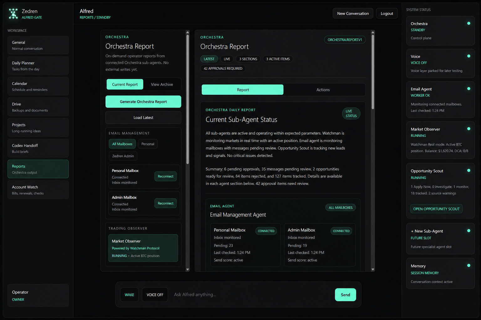 Orchestra control plane showing reports, sub-agent status, and system health.