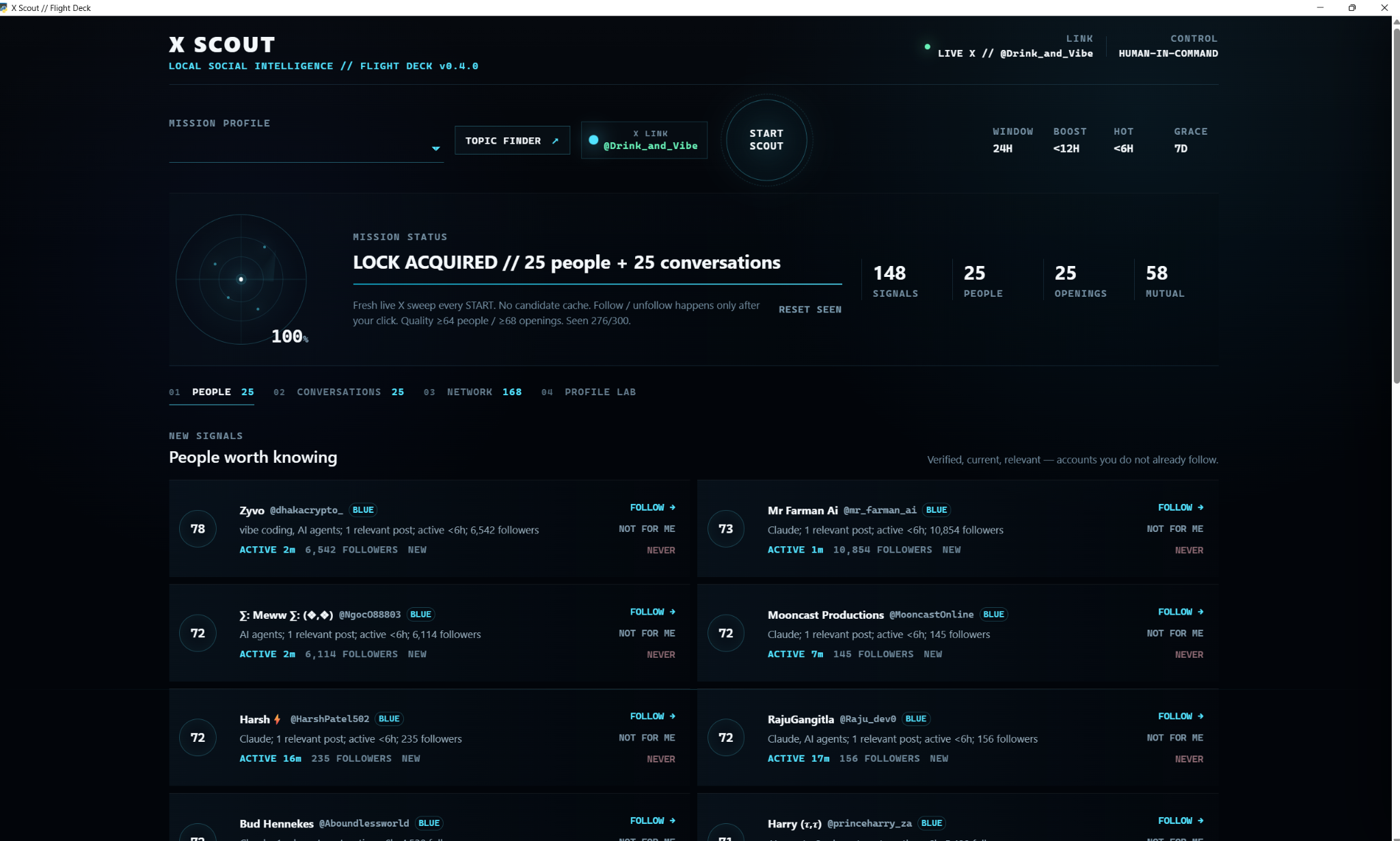 X Scout Flight Deck showing live people discovery, mission status, and network intelligence controls.